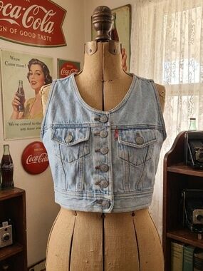 ​VTG Coca-Cola Collection Light Wash Denim Cropped Vest - 90s Coke Orange Tab